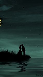 Preview wallpaper couple, moon, island, palm, sea