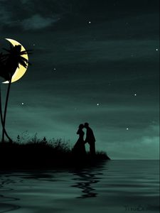 Preview wallpaper couple, moon, island, palm, sea