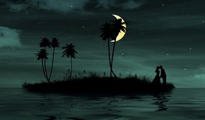 Preview wallpaper couple, moon, island, palm, sea