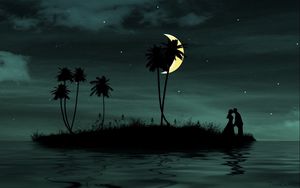 Preview wallpaper couple, moon, island, palm, sea