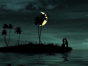 Preview wallpaper couple, moon, island, palm, sea