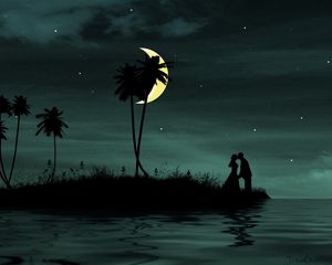 Preview wallpaper couple, moon, island, palm, sea