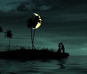 Preview wallpaper couple, moon, island, palm, sea