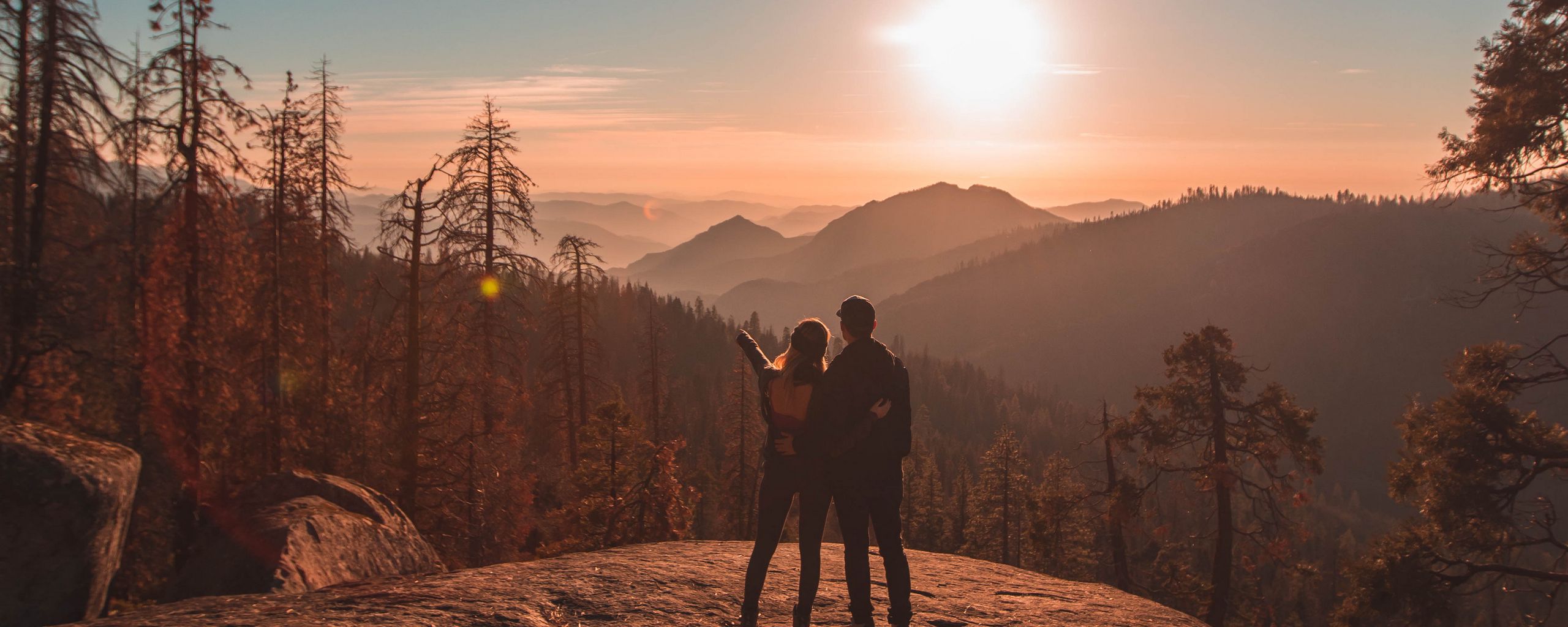 2560x1024 Wallpaper couple, mountains, travel, sunset, sequoia national park, united states