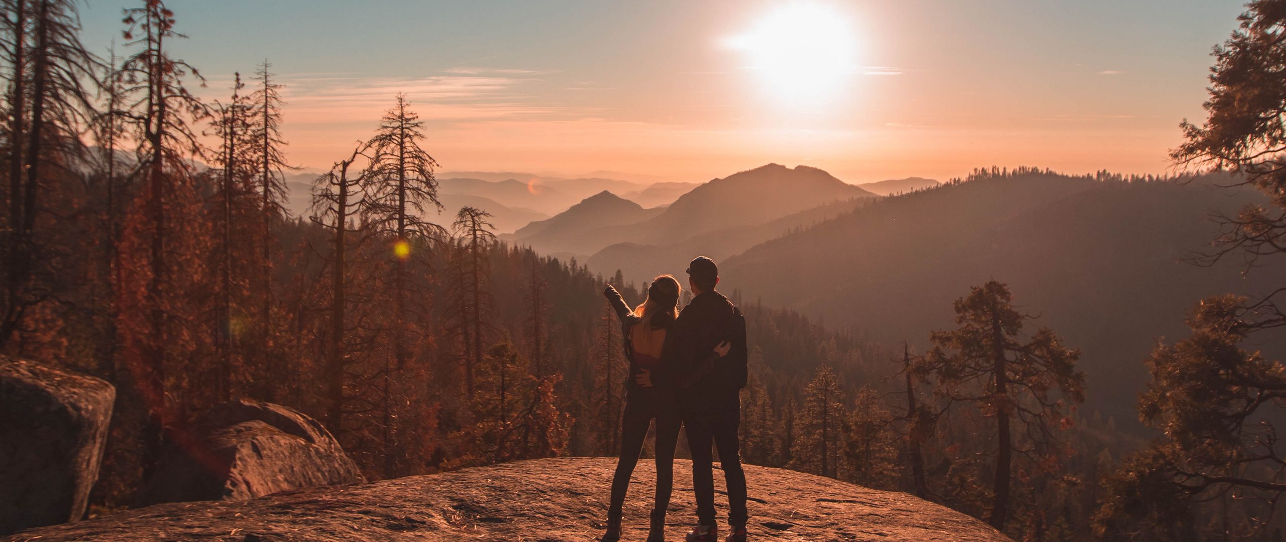 2560x1080 Wallpaper couple, mountains, travel, sunset, sequoia national park, united states