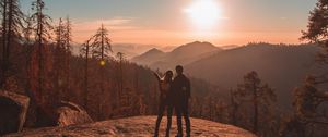 Preview wallpaper couple, mountains, travel, sunset, sequoia national park, united states