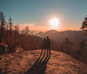 Preview wallpaper couple, mountains, travel, sunset, sequoia national park, united states