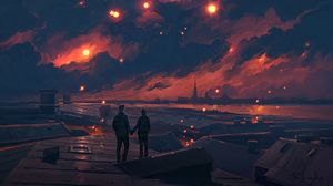 Preview wallpaper couple, night, art, clouds, romance, love