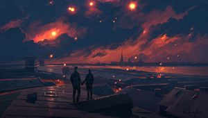 Preview wallpaper couple, night, art, clouds, romance, love