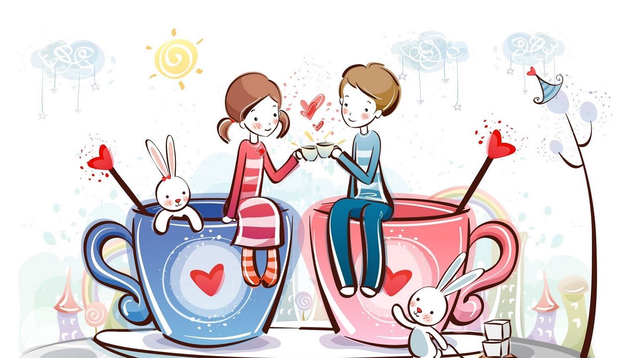Wallpaper couple, rabbits, cup, love, heart