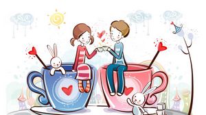 Preview wallpaper couple, rabbits, cup, love, heart