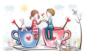 Preview wallpaper couple, rabbits, cup, love, heart