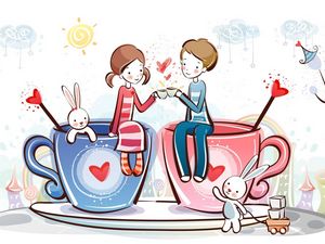 Preview wallpaper couple, rabbits, cup, love, heart