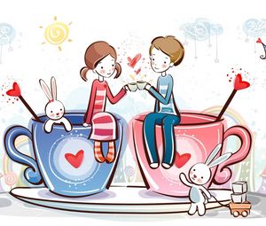 Preview wallpaper couple, rabbits, cup, love, heart