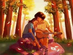 Preview wallpaper couple, romance, love, art, hugs, guitar