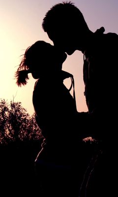240x400 Wallpaper couple, shadow, sunset, kissing, hugging, romance