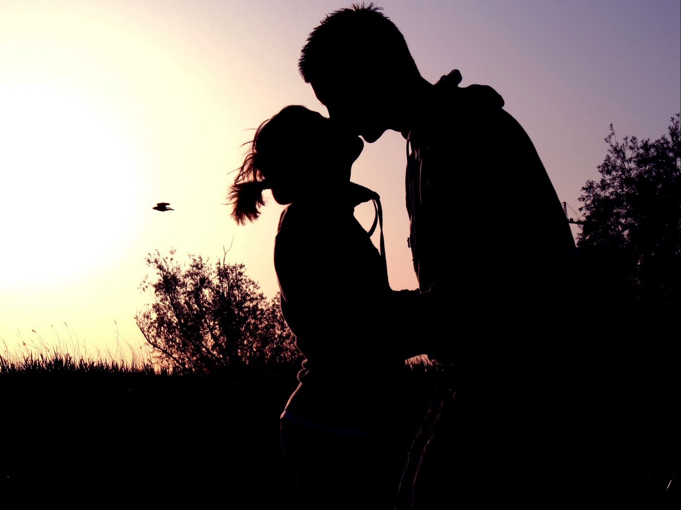 1400x1050 Wallpaper couple, shadow, sunset, kissing, hugging, romance