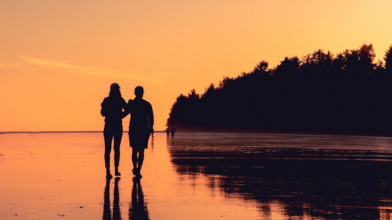 Wallpaper couple, shore, sunset, reflection, walk