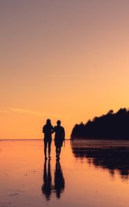 Preview wallpaper couple, shore, sunset, reflection, walk