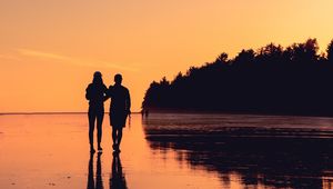 Preview wallpaper couple, shore, sunset, reflection, walk