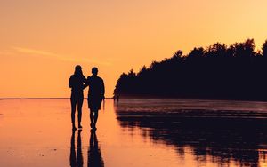 Preview wallpaper couple, shore, sunset, reflection, walk