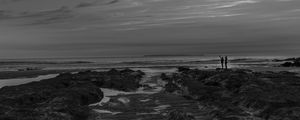 Preview wallpaper couple, silhouettes, coast, black and white