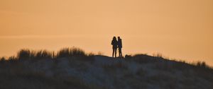 Preview wallpaper couple, silhouettes, hill, grass, evening