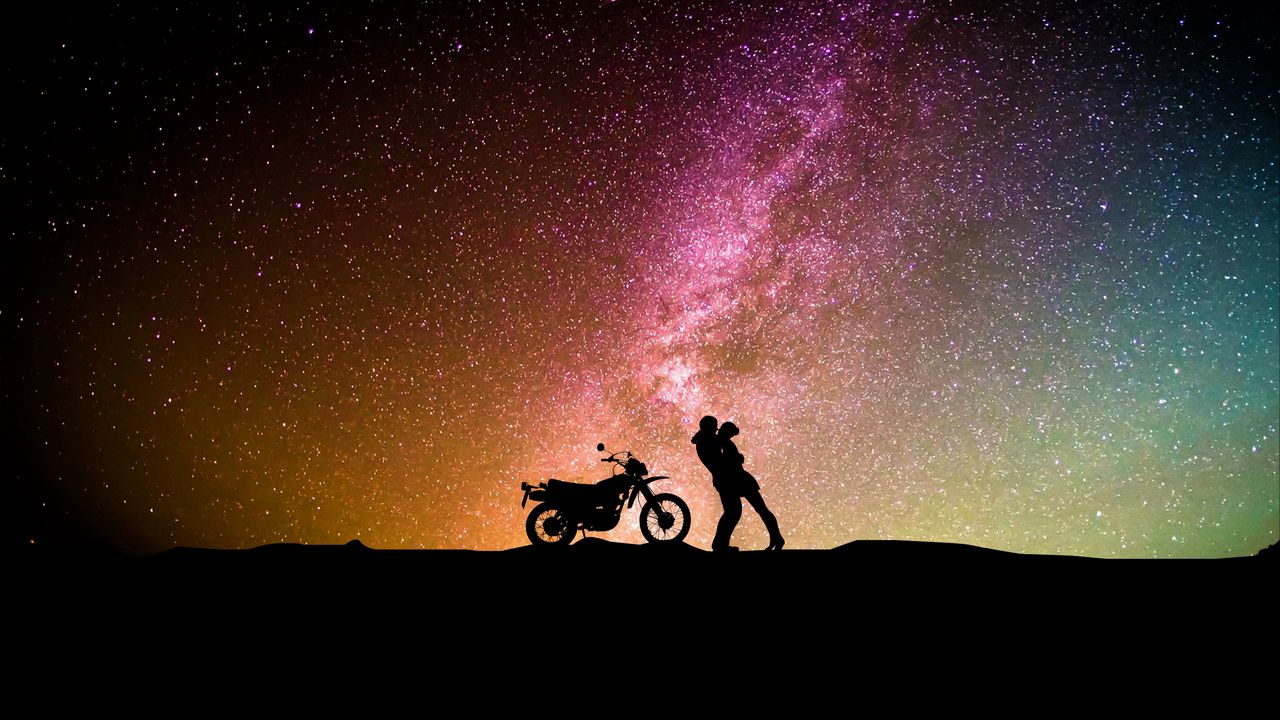 Wallpaper couple, silhouettes, hugs, starry sky, love, motorcycle