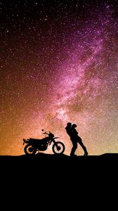 Preview wallpaper couple, silhouettes, hugs, starry sky, love, motorcycle