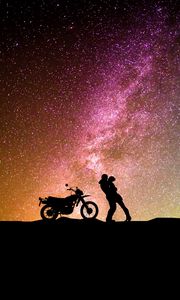 Preview wallpaper couple, silhouettes, hugs, starry sky, love, motorcycle