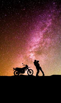 240x400 Wallpaper couple, silhouettes, hugs, starry sky, love, motorcycle