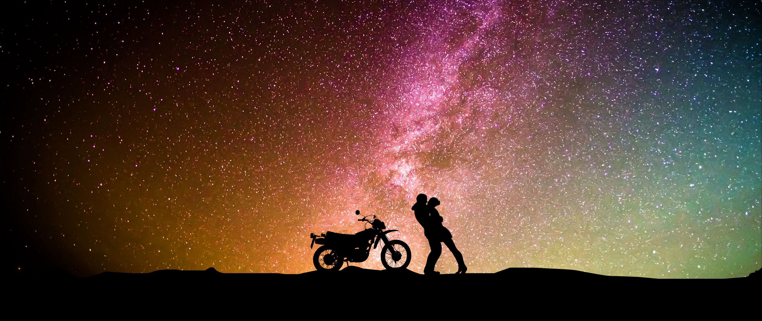 2560x1080 Wallpaper couple, silhouettes, hugs, starry sky, love, motorcycle