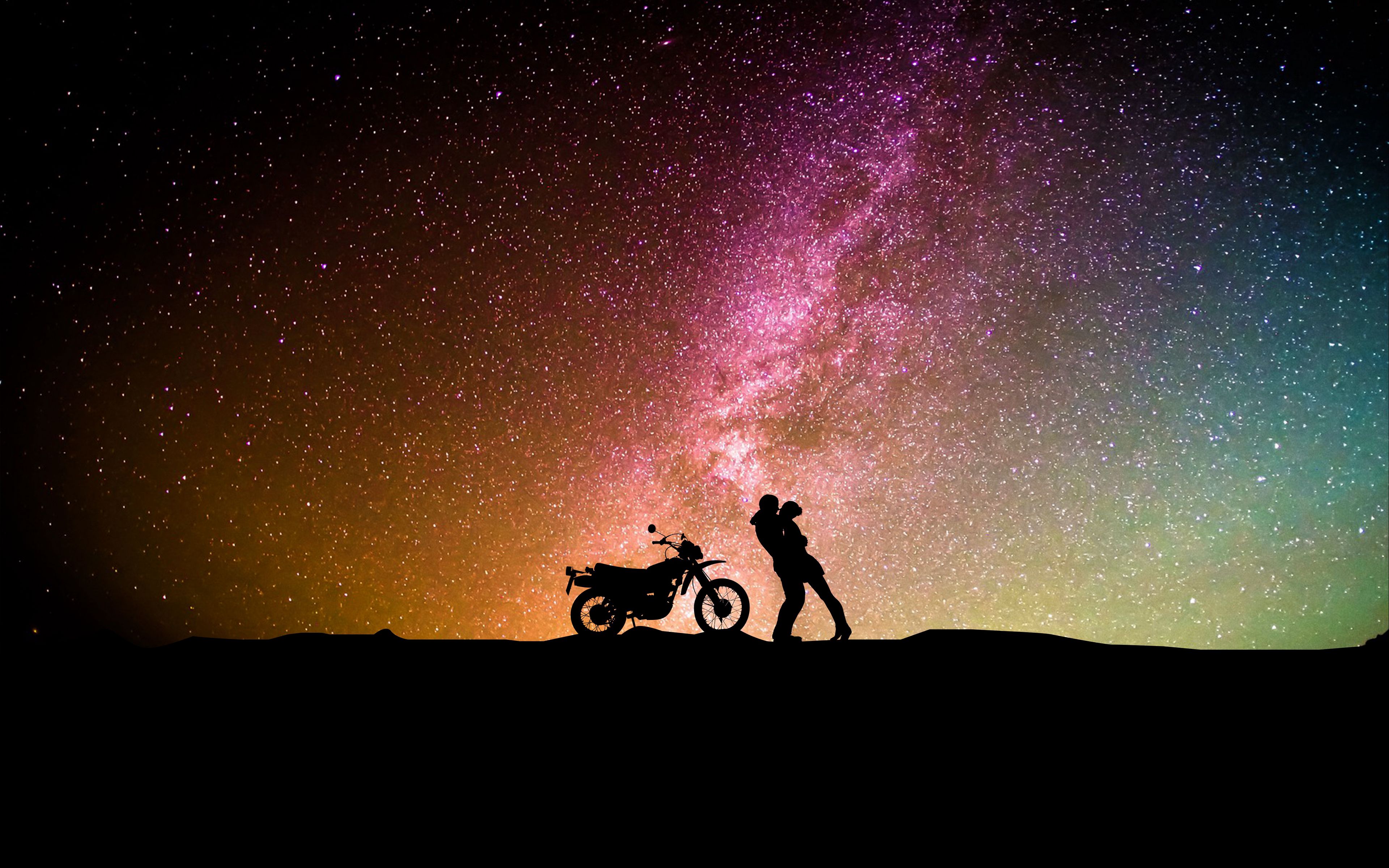3840x2400 Wallpaper couple, silhouettes, hugs, starry sky, love, motorcycle