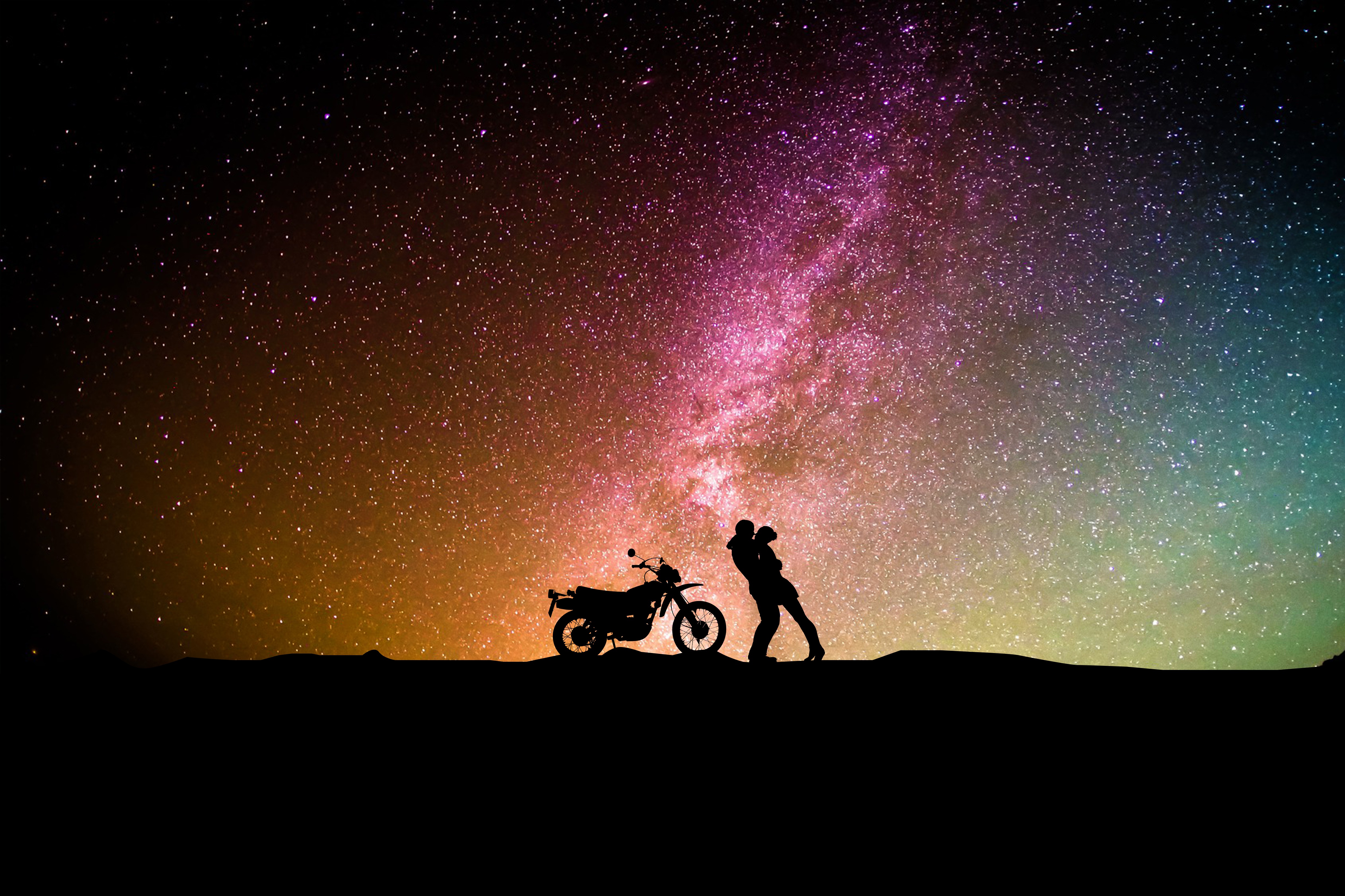 4917x3278 Wallpaper couple, silhouettes, hugs, starry sky, love, motorcycle