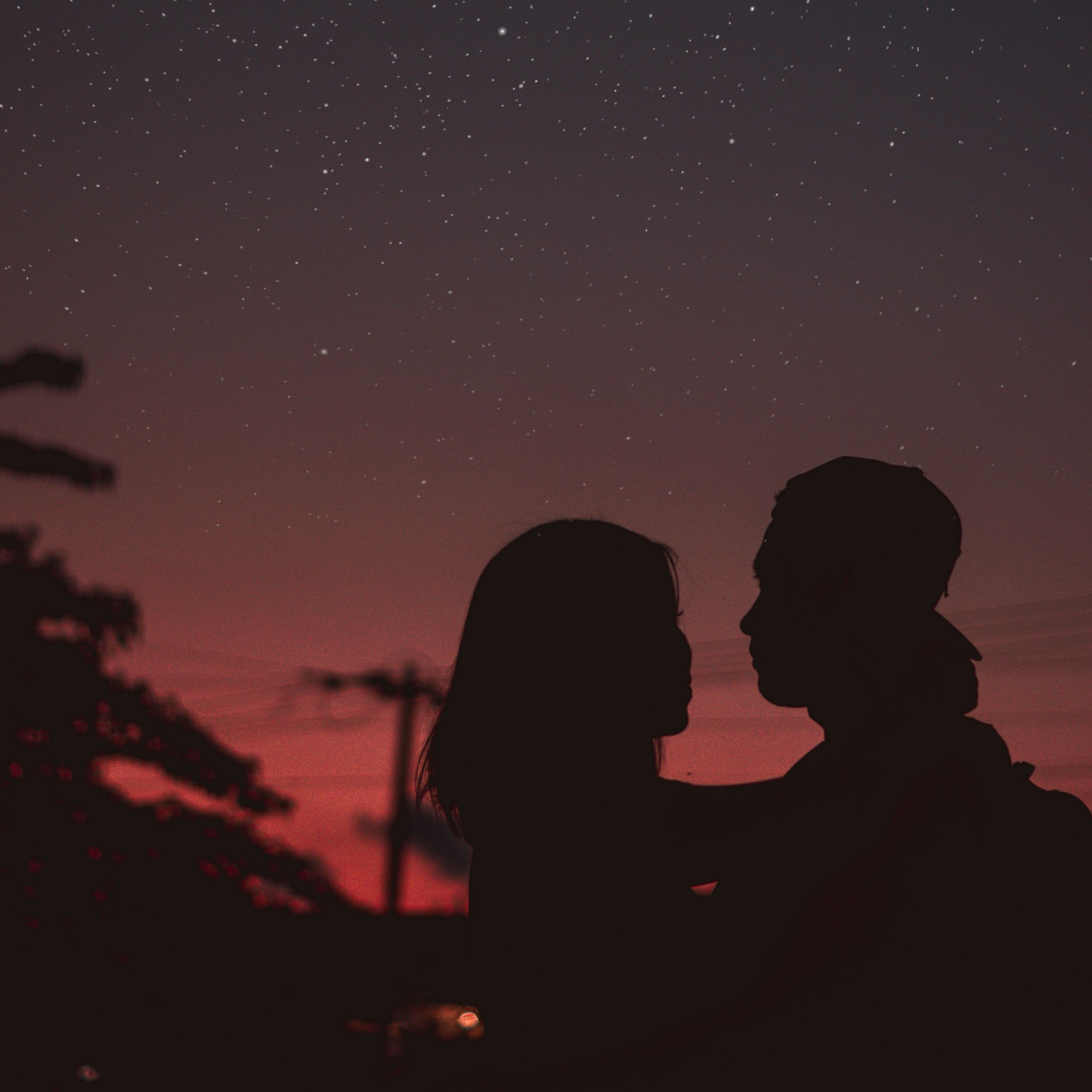 couple. night. starry sky. silhouettes. hugs. 