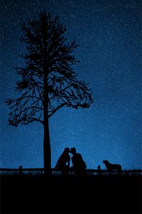 Preview wallpaper couple, silhouettes, kiss, dog, starry sky, tree