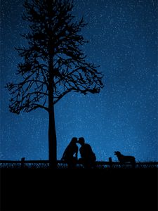 Preview wallpaper couple, silhouettes, kiss, dog, starry sky, tree