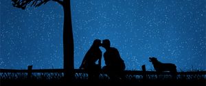 Preview wallpaper couple, silhouettes, kiss, dog, starry sky, tree