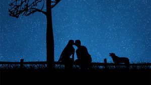 Preview wallpaper couple, silhouettes, kiss, dog, starry sky, tree