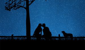 Preview wallpaper couple, silhouettes, kiss, dog, starry sky, tree