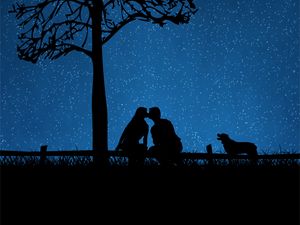 Preview wallpaper couple, silhouettes, kiss, dog, starry sky, tree