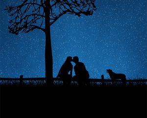 Preview wallpaper couple, silhouettes, kiss, dog, starry sky, tree