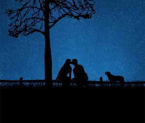 Preview wallpaper couple, silhouettes, kiss, dog, starry sky, tree