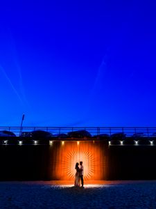 Preview wallpaper couple, silhouettes, love, night, light, beach