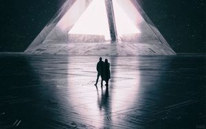 Preview wallpaper couple, silhouettes, pyramid, glow, dark