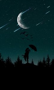 Preview wallpaper couple, silhouettes, starry sky, love, umbrella, moon, trees, night