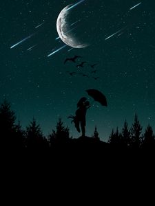 Preview wallpaper couple, silhouettes, starry sky, love, umbrella, moon, trees, night