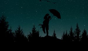 Preview wallpaper couple, silhouettes, starry sky, love, umbrella, moon, trees, night