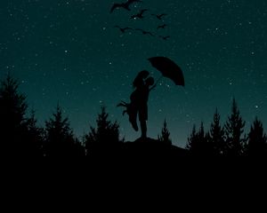 Preview wallpaper couple, silhouettes, starry sky, love, umbrella, moon, trees, night