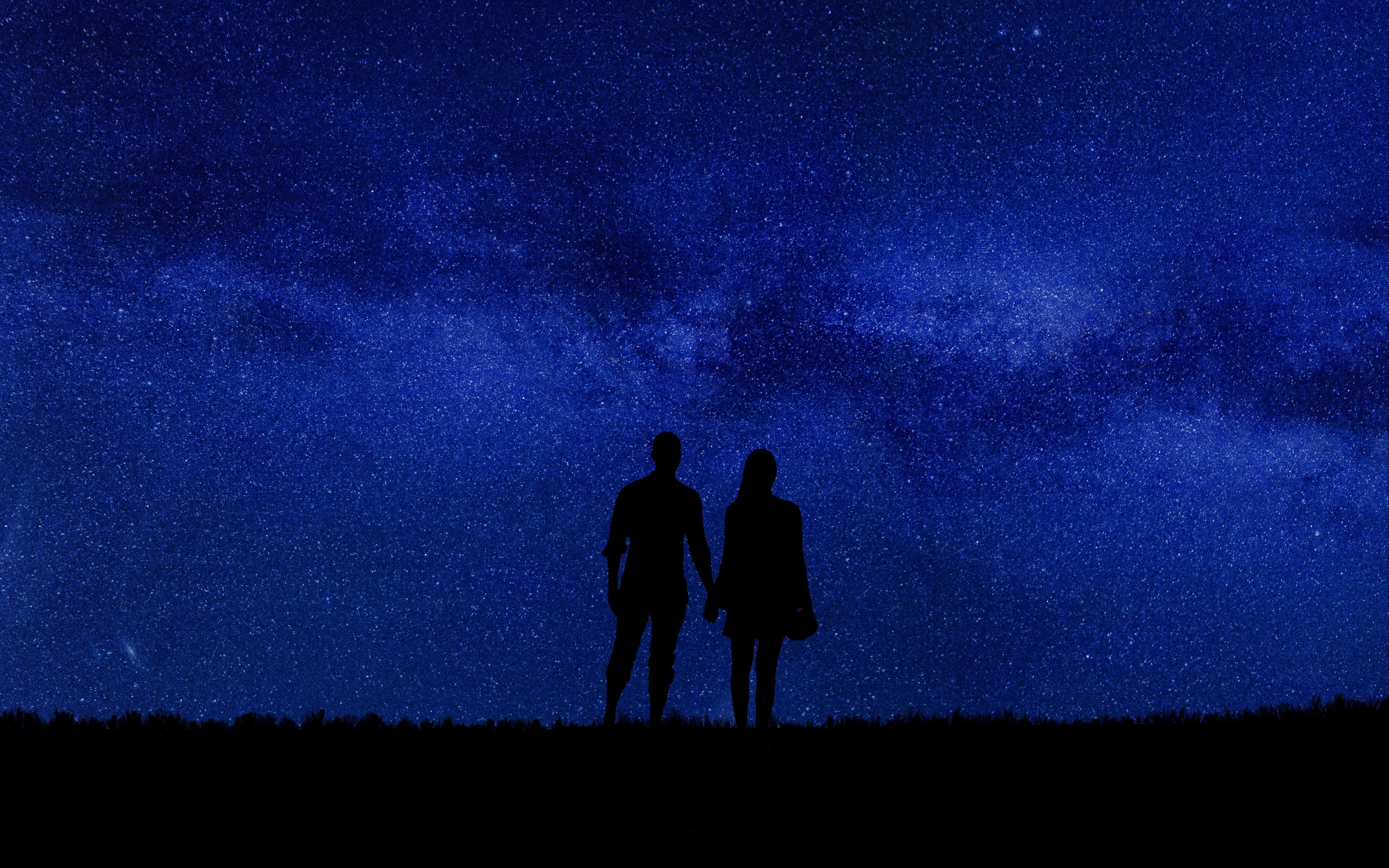 Download wallpaper 3840x2400 couple, silhouettes, starry sky, romance